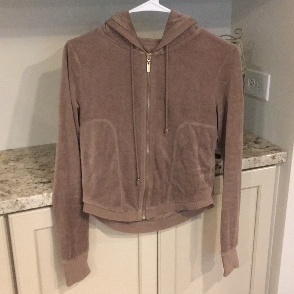VS Sexy cropped fitted taupe velour hoodie